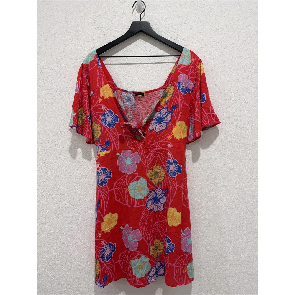 Taravana Red Floral Tropical Tie Front Smock Back Flutter Sleeve Dress Size Xl